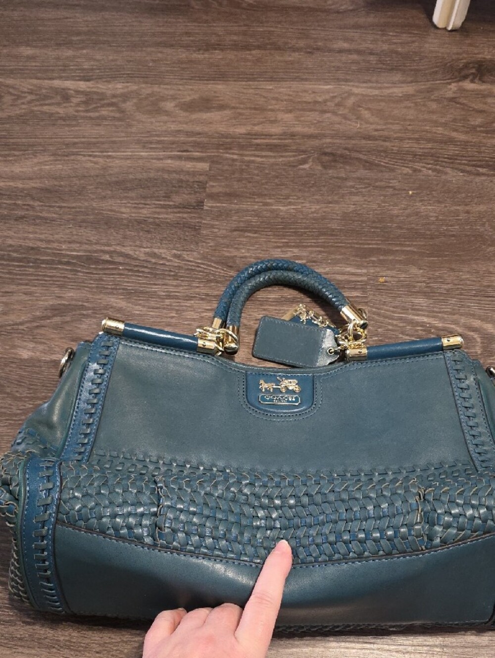 Coach Teal Woven Leather Tote with Gold Hardware - Picture 2 of 13